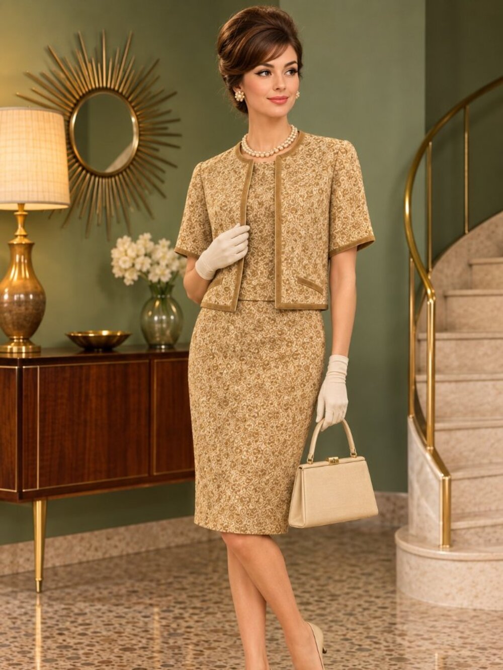Vintage Tannel Knits Gold Brocade 3-Piece Skirt Suit Set | Size 10 | 60s Mod